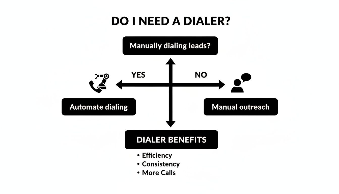 Flowchart asking 'Do I need a dialer?' outlining automation decisions and benefits.