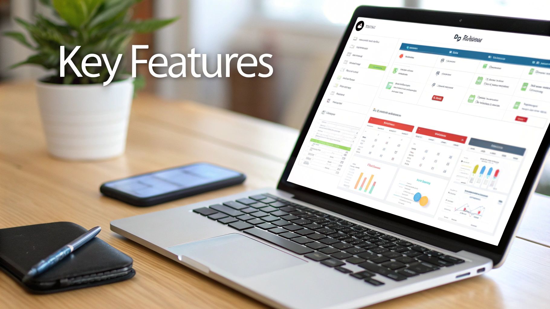 A laptop displaying a business dashboard with various data visualizations, a smartphone, and a plant on a desk.