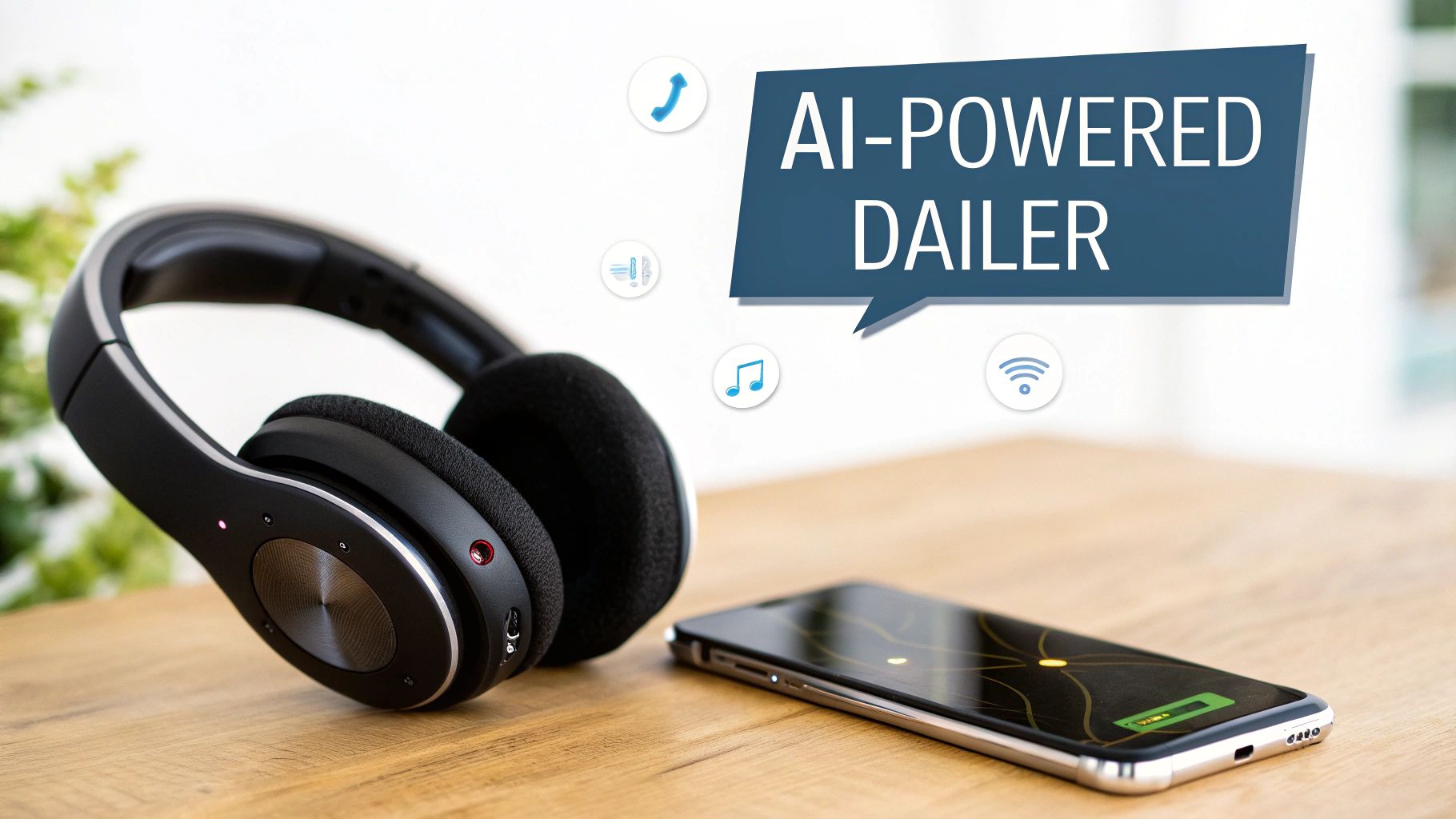 Wireless headphones and a smartphone illustrate an AI-powered dialer system with connectivity icons.