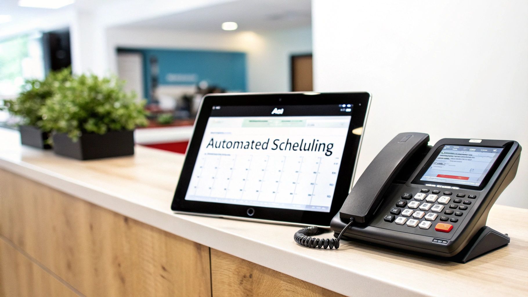 Office counter with a tablet showing 'Automated Scheduling' and a modern black desk phone.