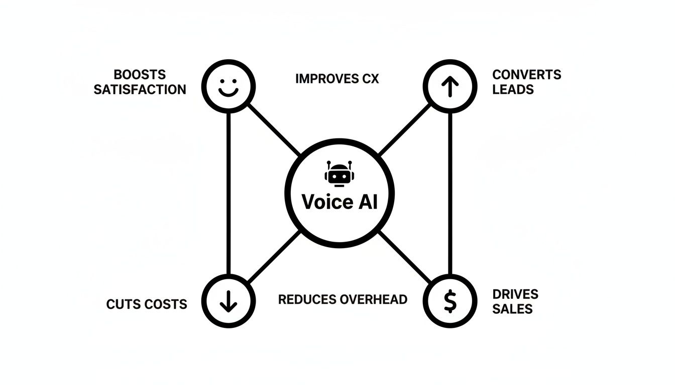 Diagram illustrating Voice AI benefits: boosts satisfaction, improves CX, converts leads, cuts costs, reduces overhead, and drives sales.