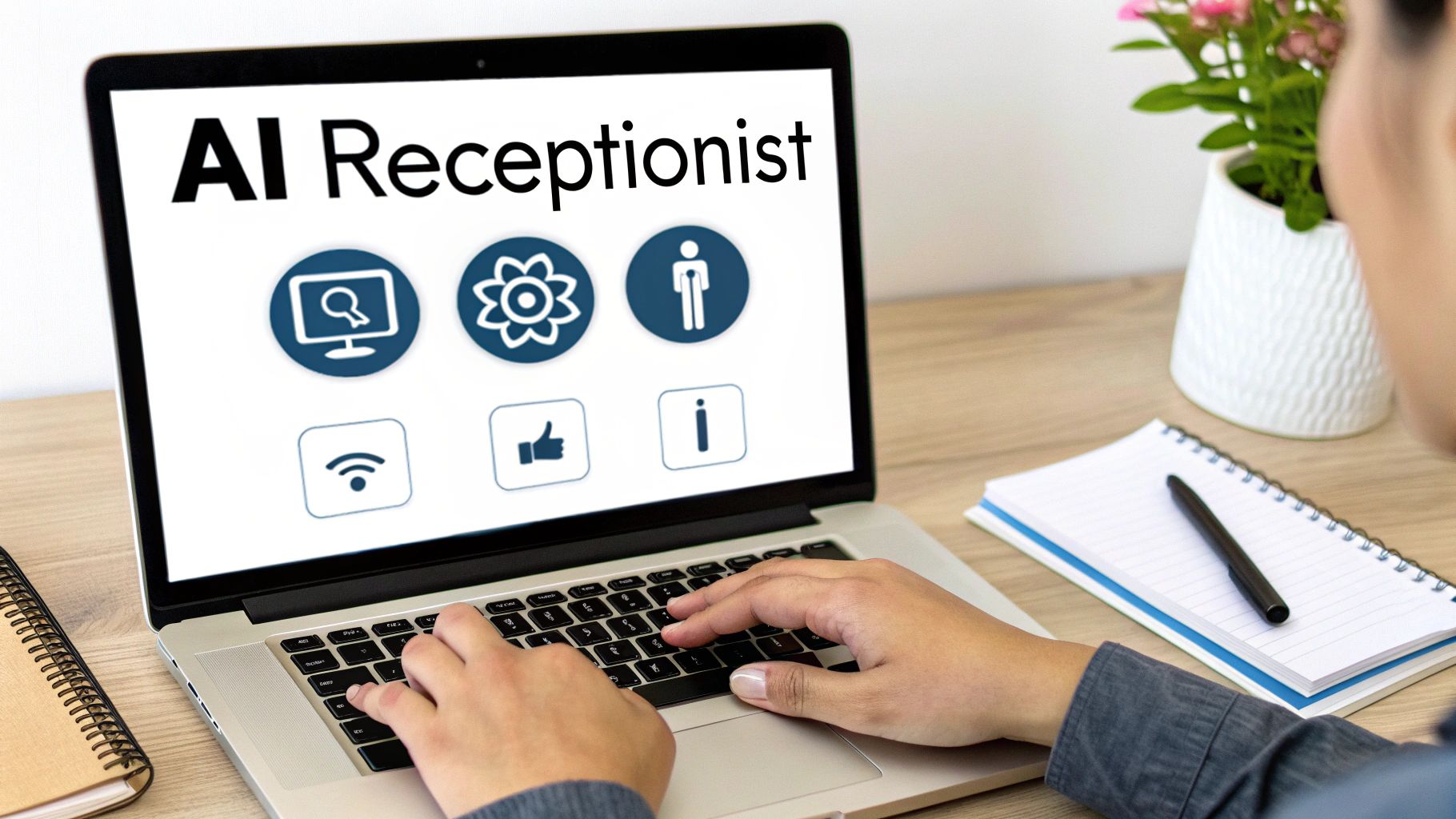 Person typing on a laptop displaying 'AI Receptionist' text and various interface icons.