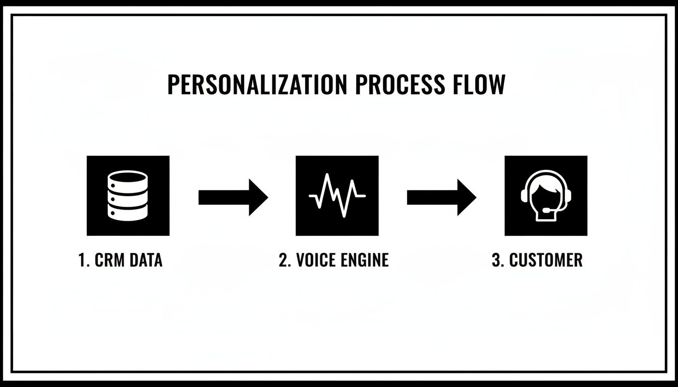 A flowchart showing a personalization process from CRM data through a voice engine to a customer.