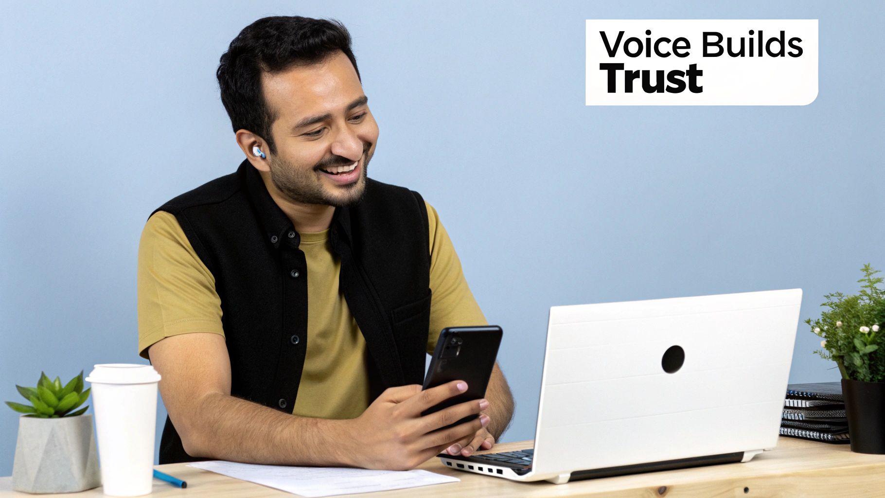 Smiling man with earbud uses smartphone and laptop at a modern workspace.