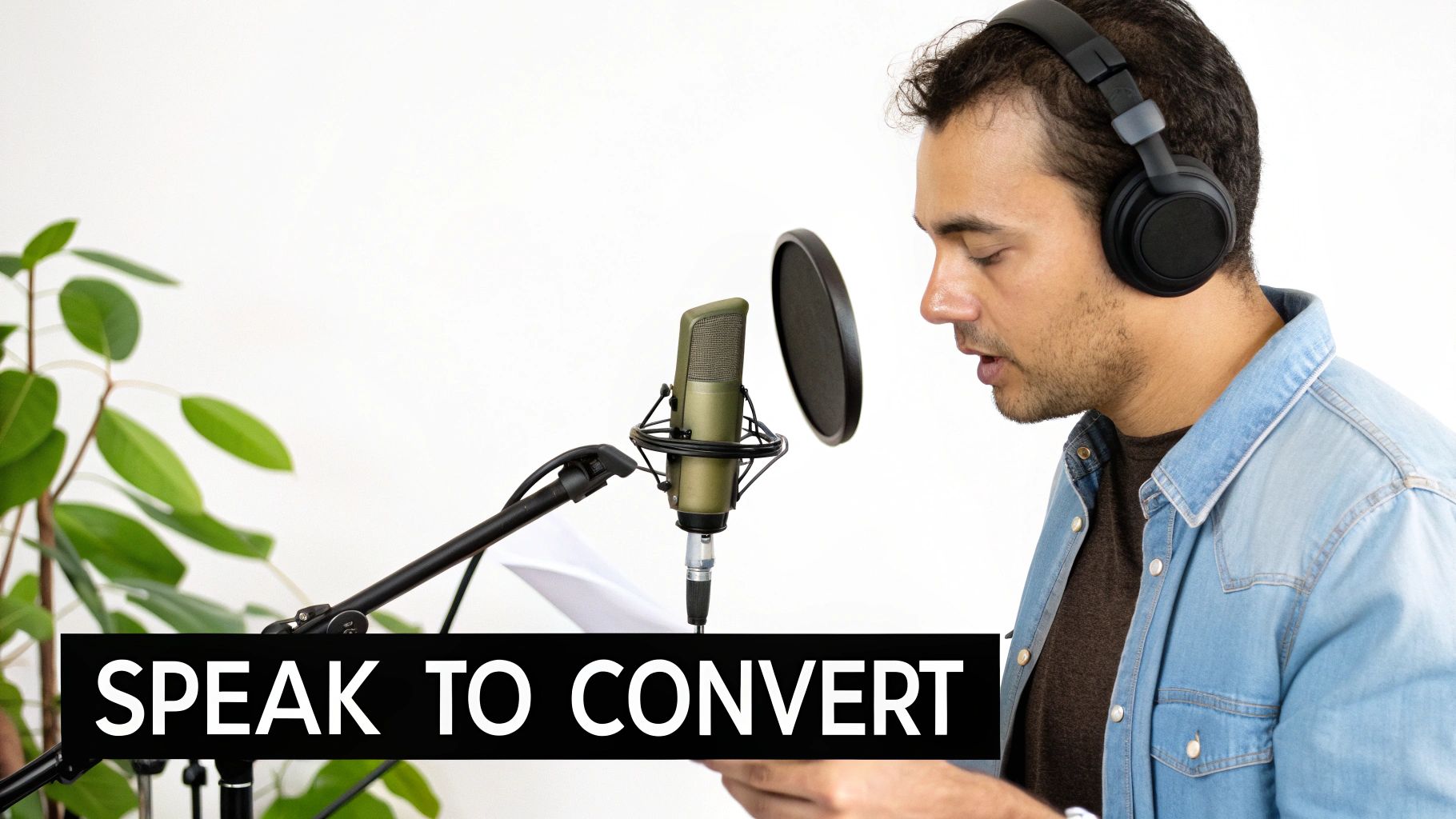 A man wearing headphones speaks into a studio microphone, holding a script for voice recording.