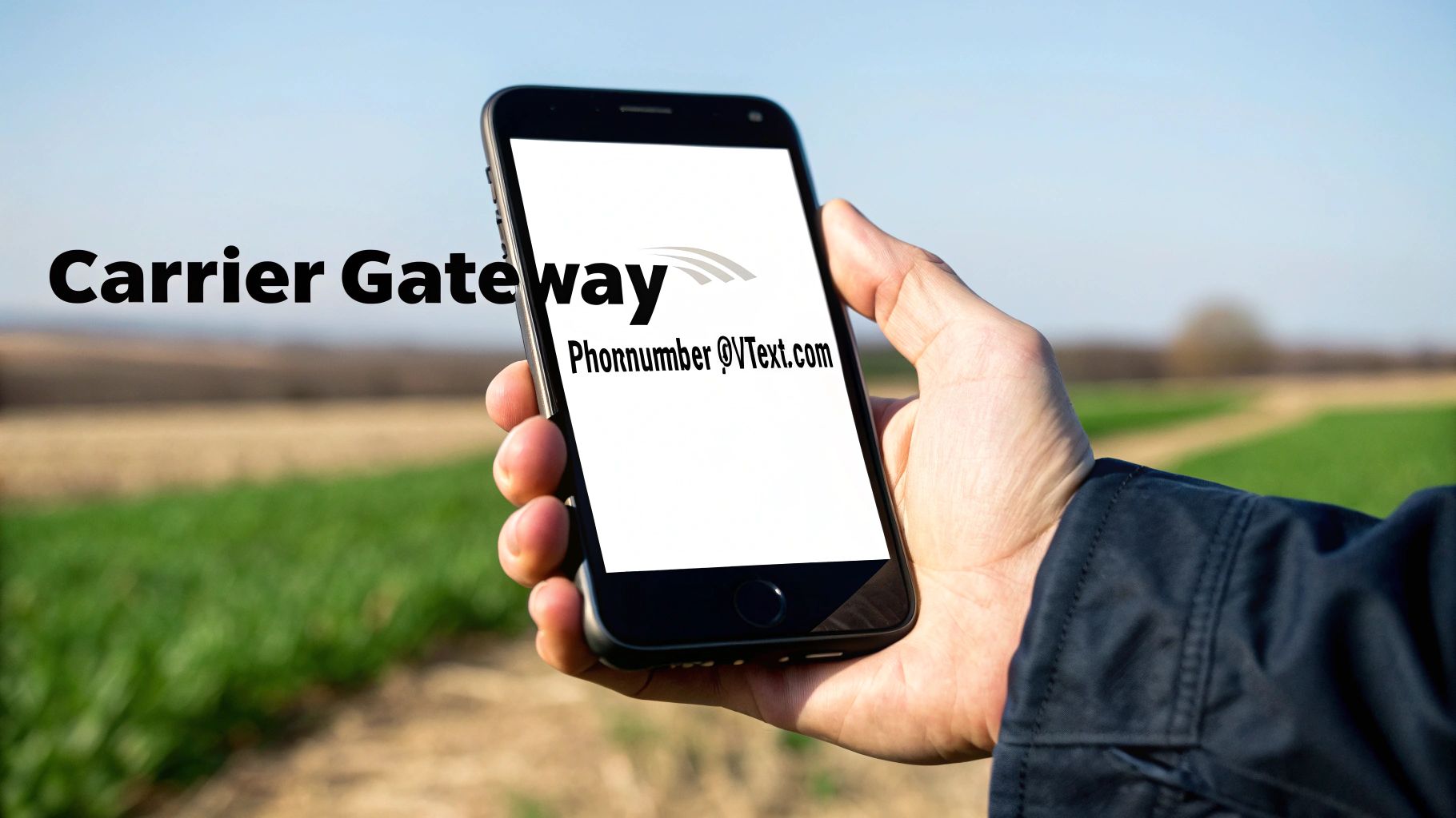 A hand holds a smartphone displaying 'Phonnumber @VText.com' in a rural field, with 'Carrier Gateway' text.