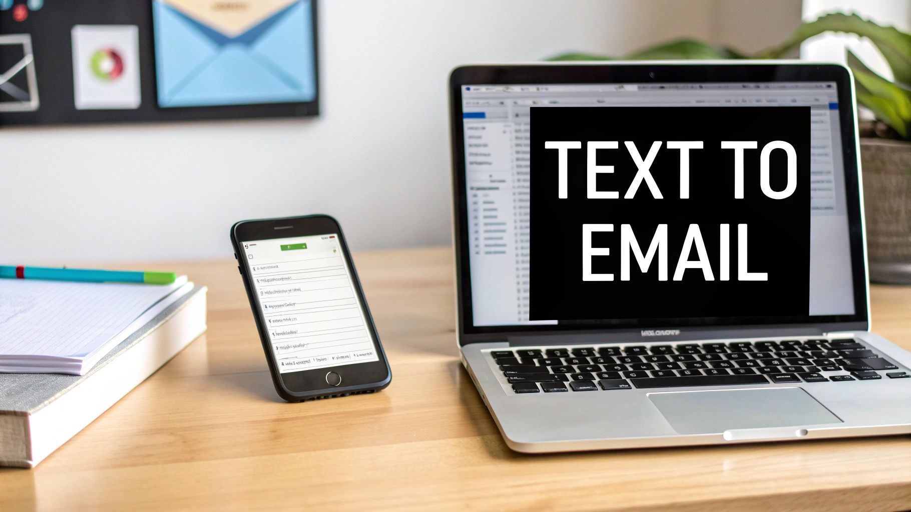 A laptop showing 'TEXT TO EMAIL' on screen, next to a smartphone on a wooden desk.