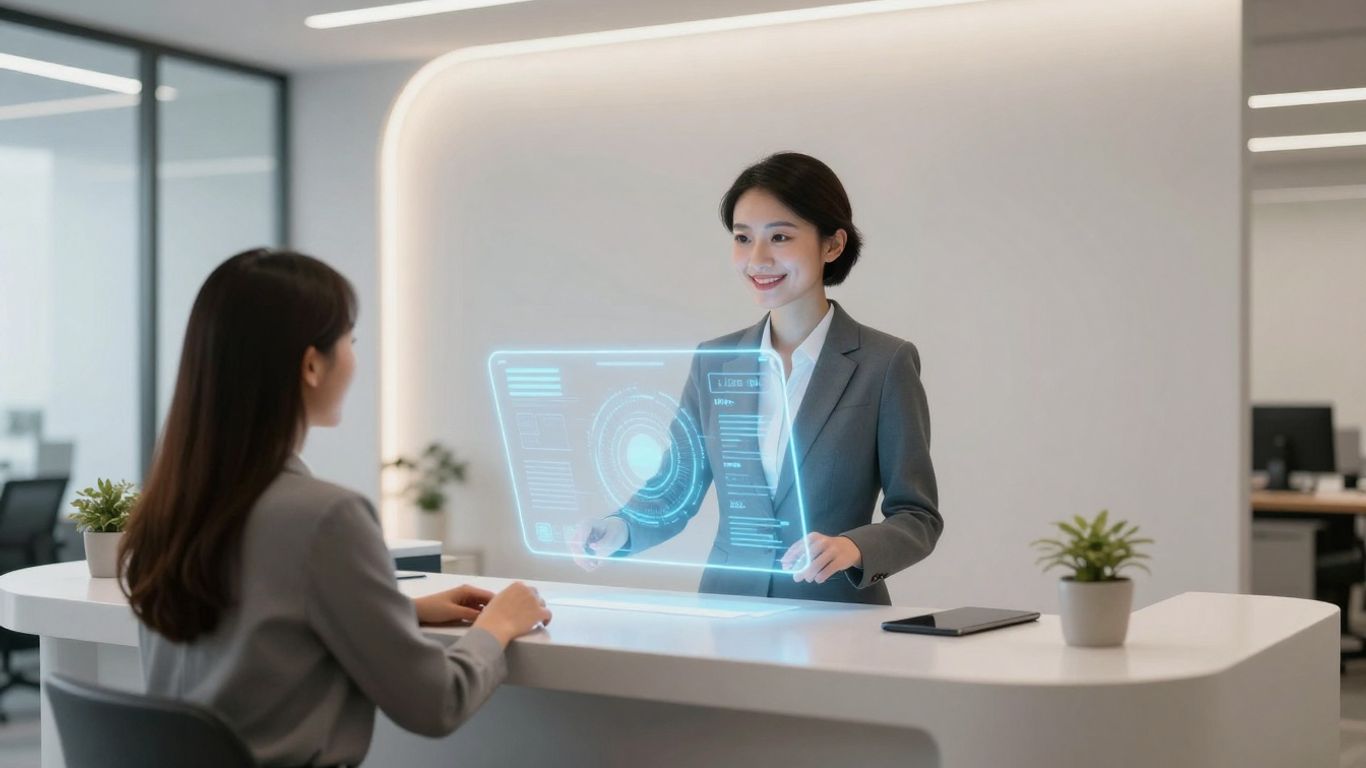 AI receptionist avatar in a modern office.