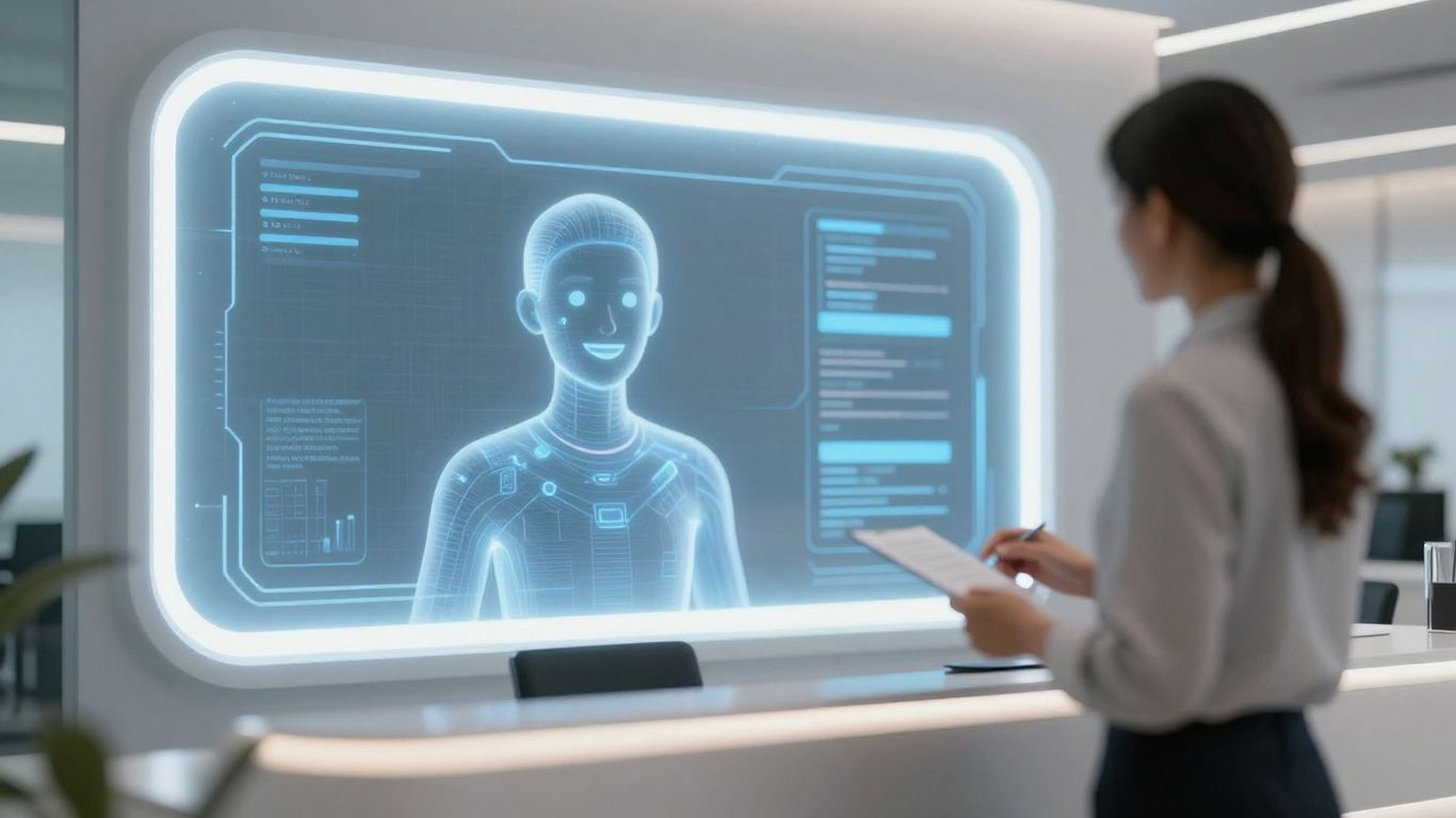 AI receptionist interface in a modern office setting.