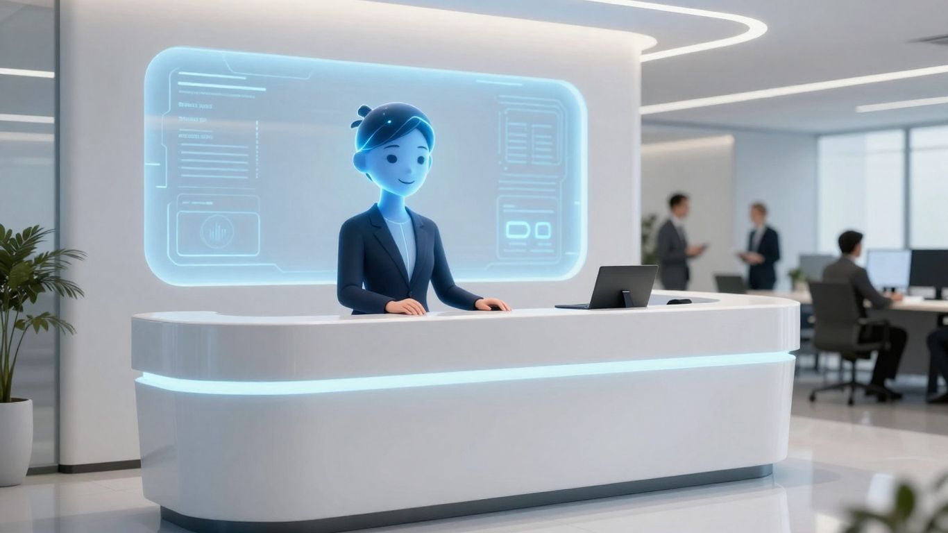 AI receptionist interface on a screen in an office.