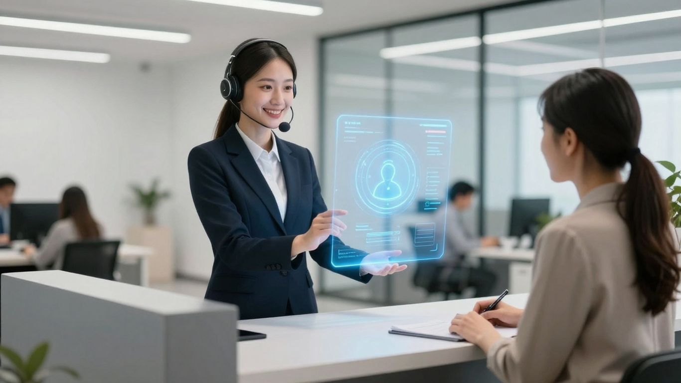 AI receptionist assisting a visitor in an office.