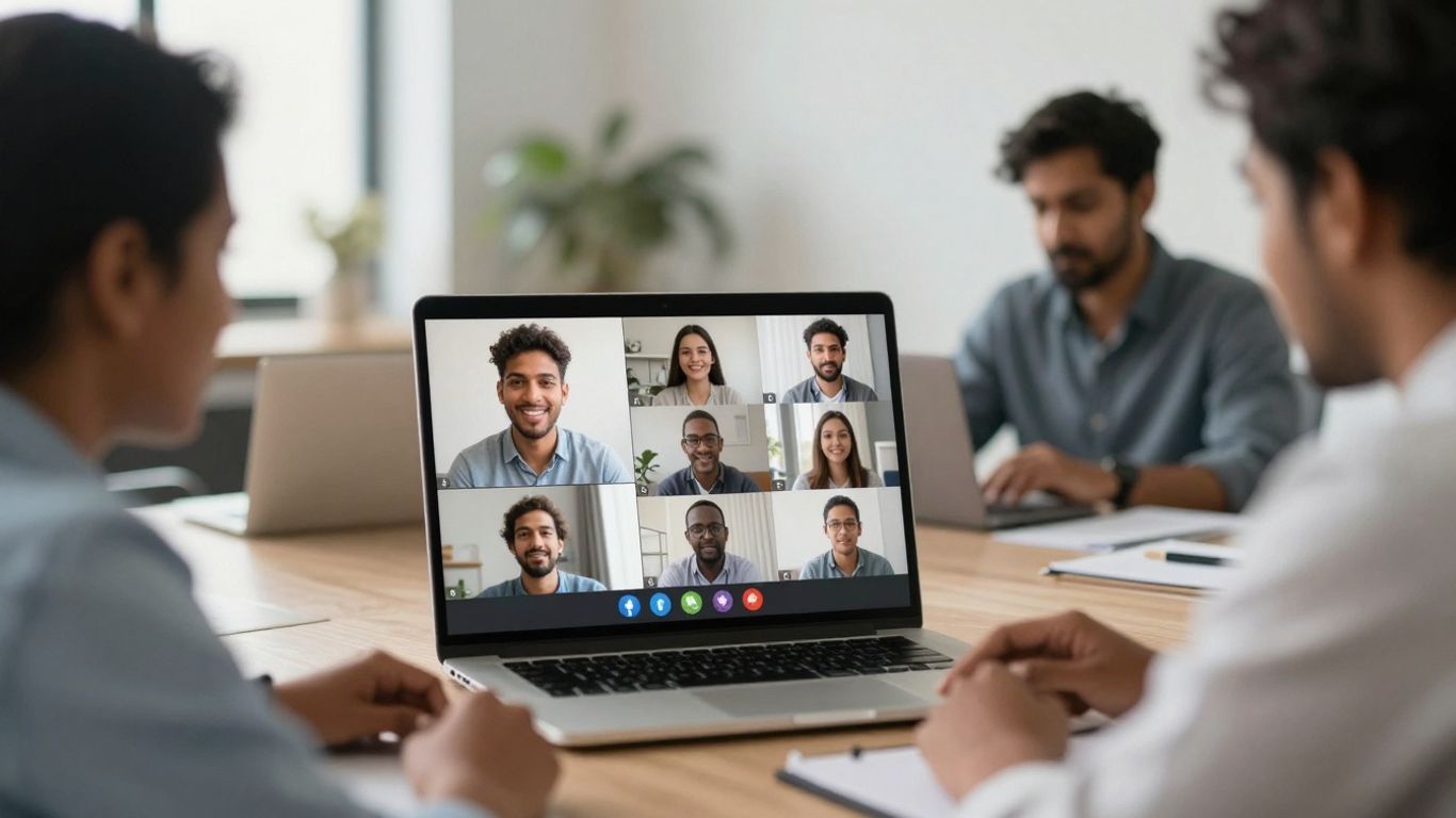 Team collaborating on a video call using AI tools.