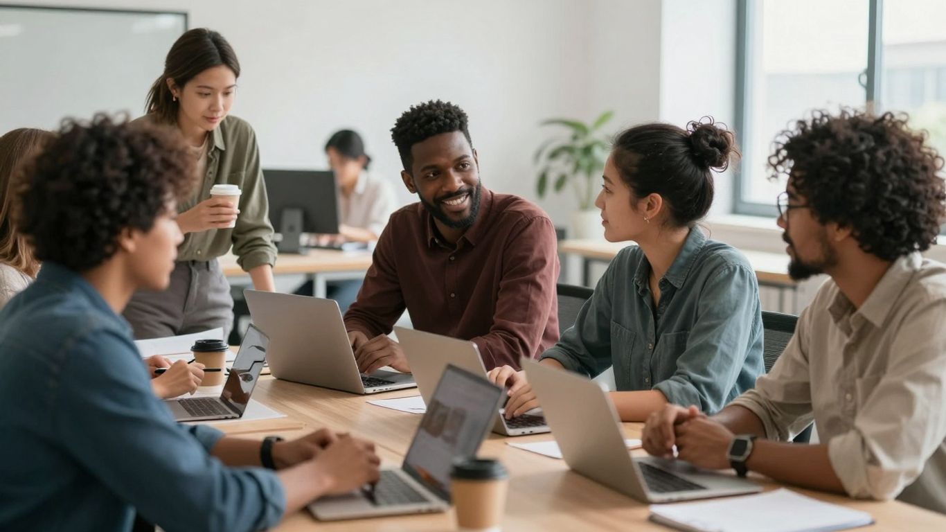 Team collaborating effectively with AI tools in a modern office.