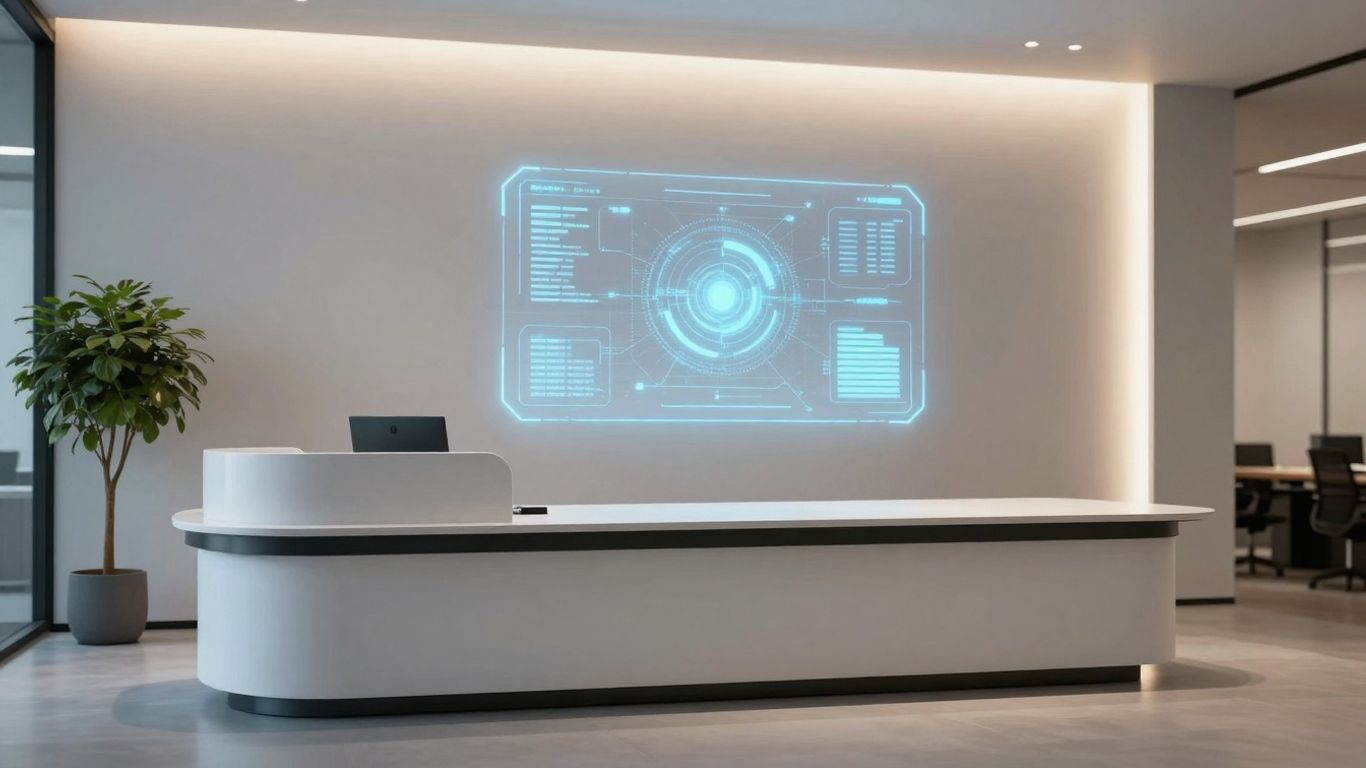 AI receptionist interface in a modern office.