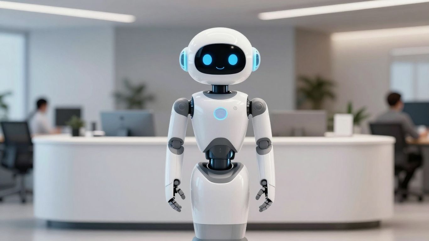 AI receptionist in a modern startup office.