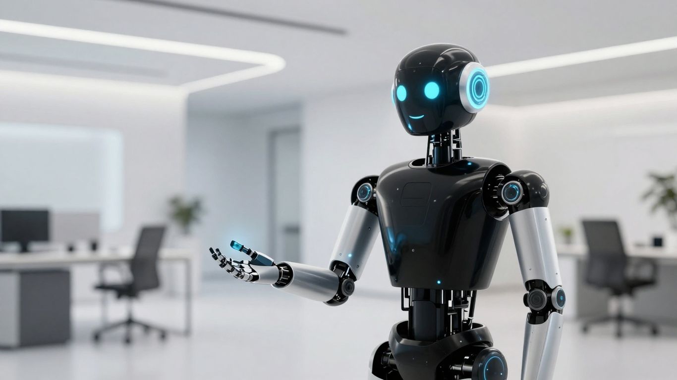 AI receptionist robot in a modern office lobby.