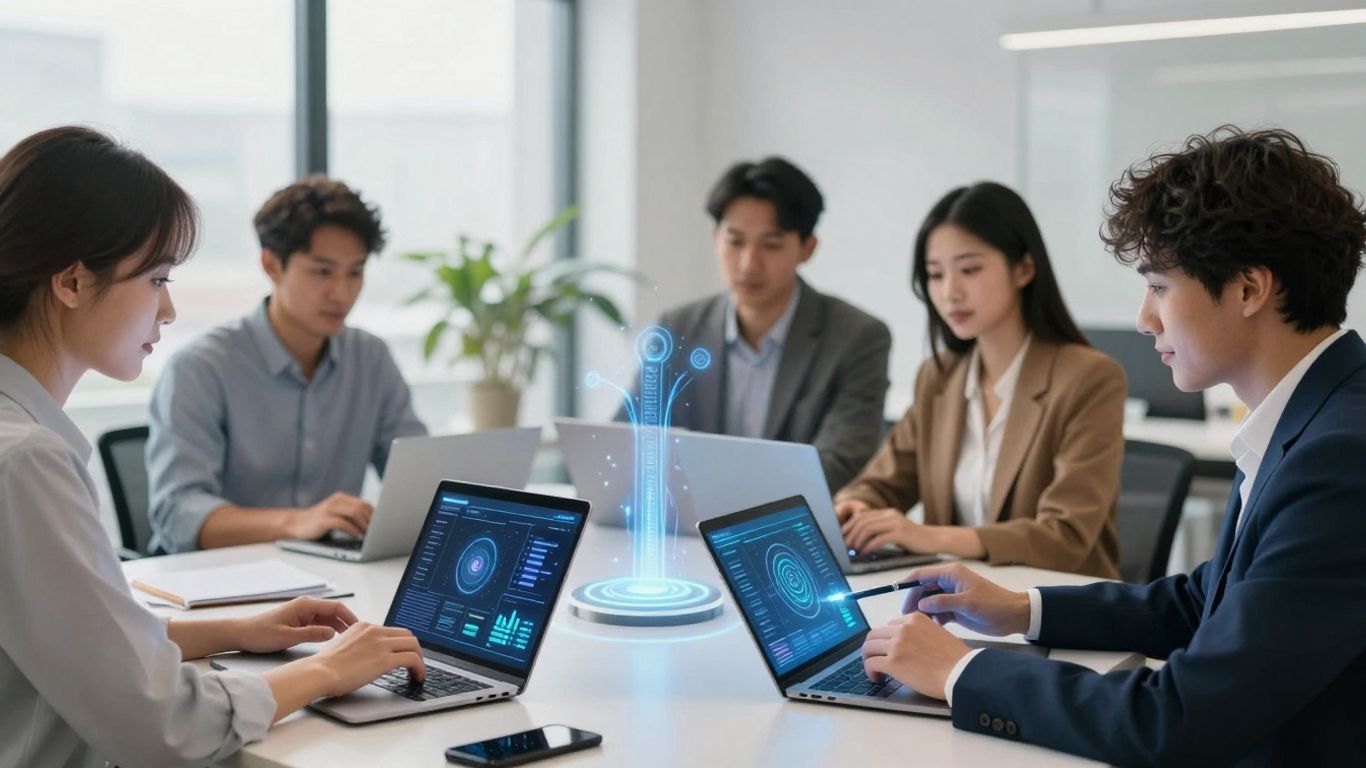 Small business owners using AI tools for customer interaction.