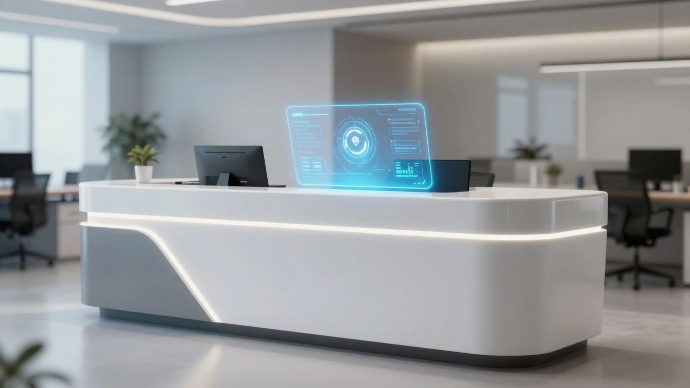 AI receptionist interface at a modern desk.