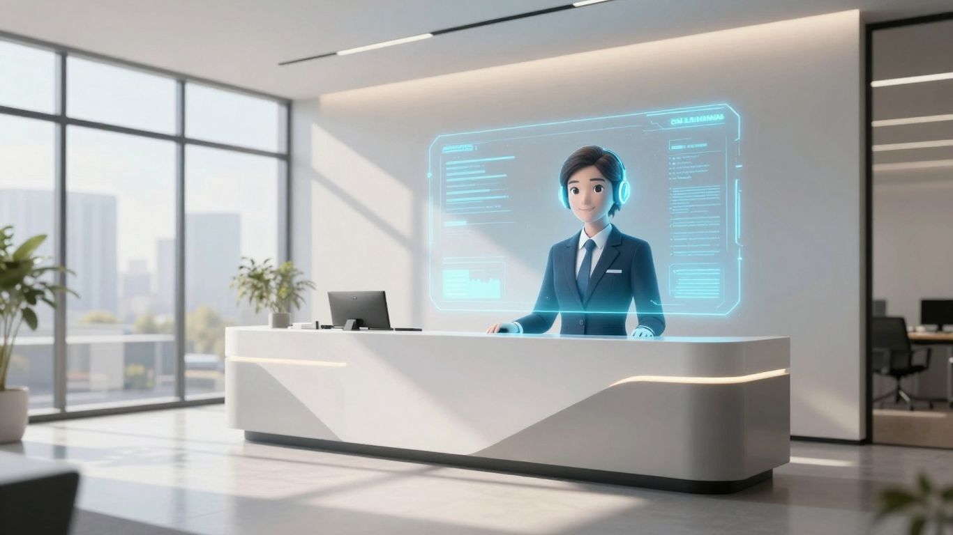 AI receptionist interface in a modern office.
