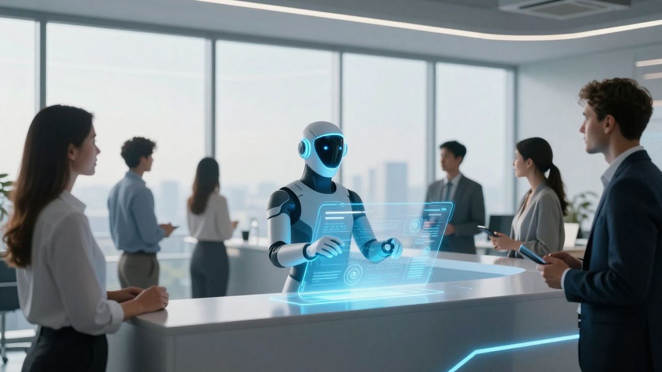 AI receptionist interface in a modern startup office.