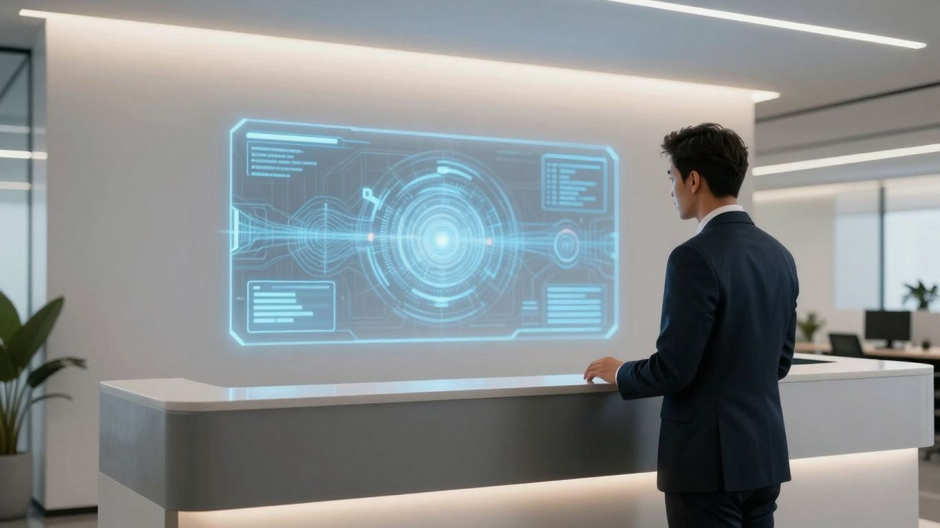 AI receptionist interface in a modern office setting.