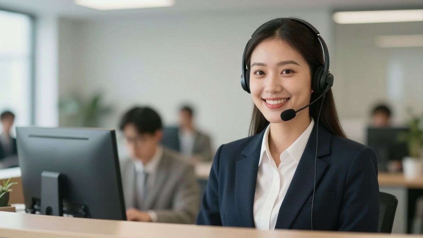 Ruby AI receptionist with headset, professional and friendly.