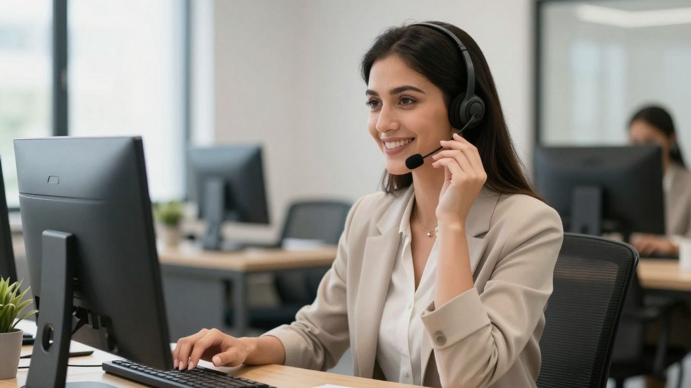 Professional receptionist with headset in an office.