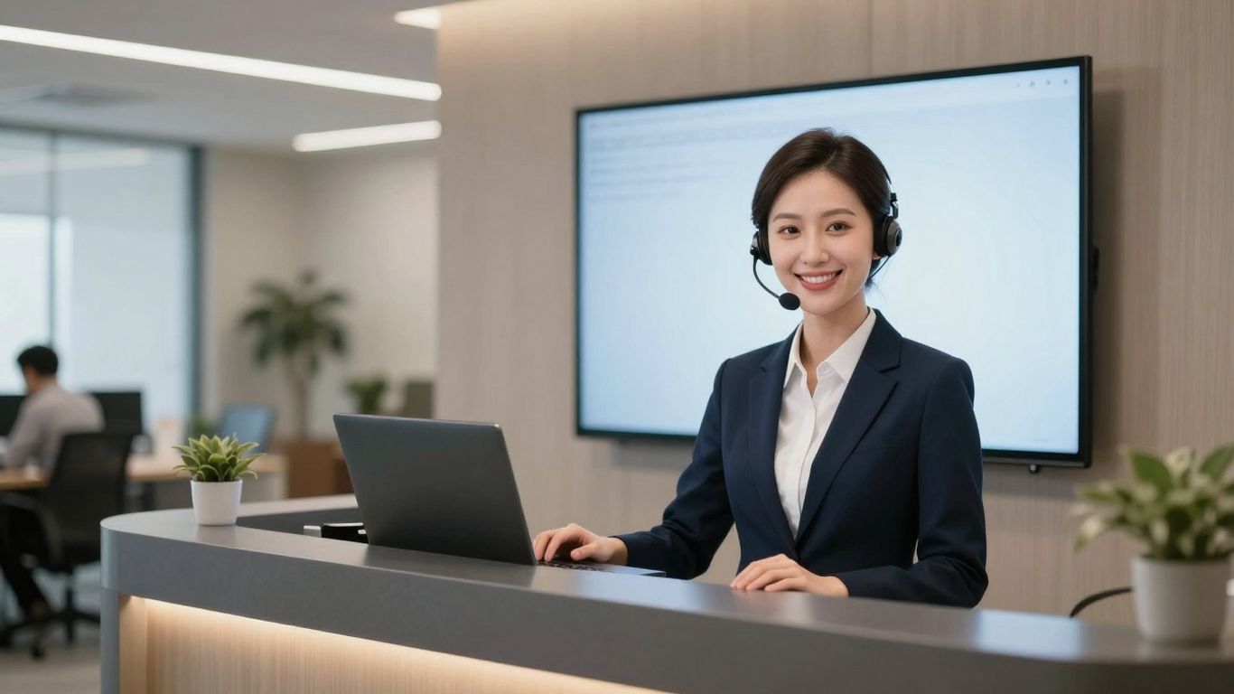 AI receptionist avatar in a modern office setting.