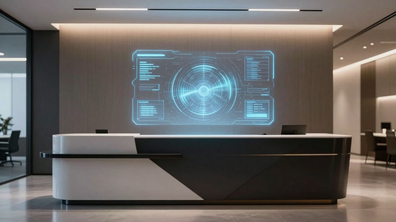 AI receptionist interface in a modern office.