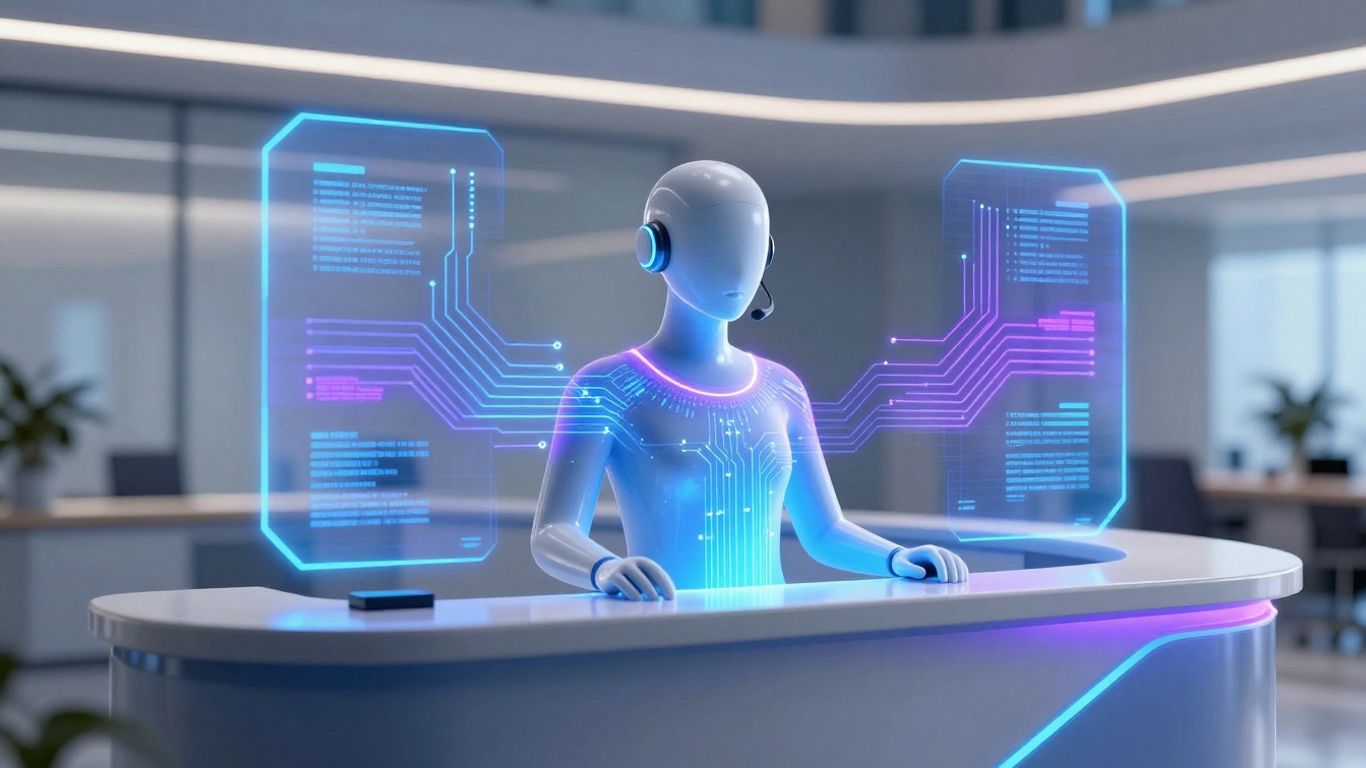 AI receptionist interface with glowing circuits and avatar.