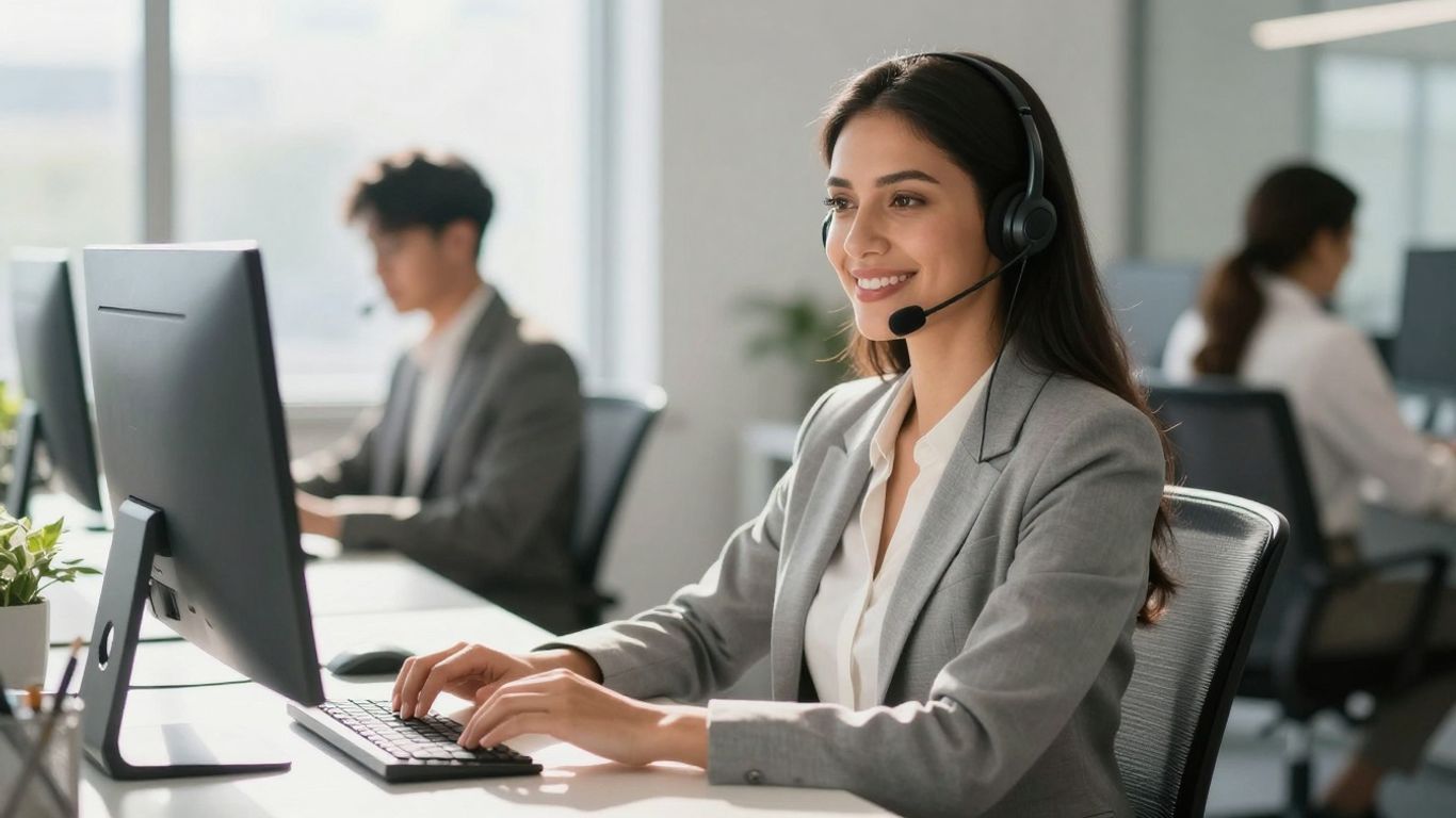 Professional woman with headset, modern office, business success.