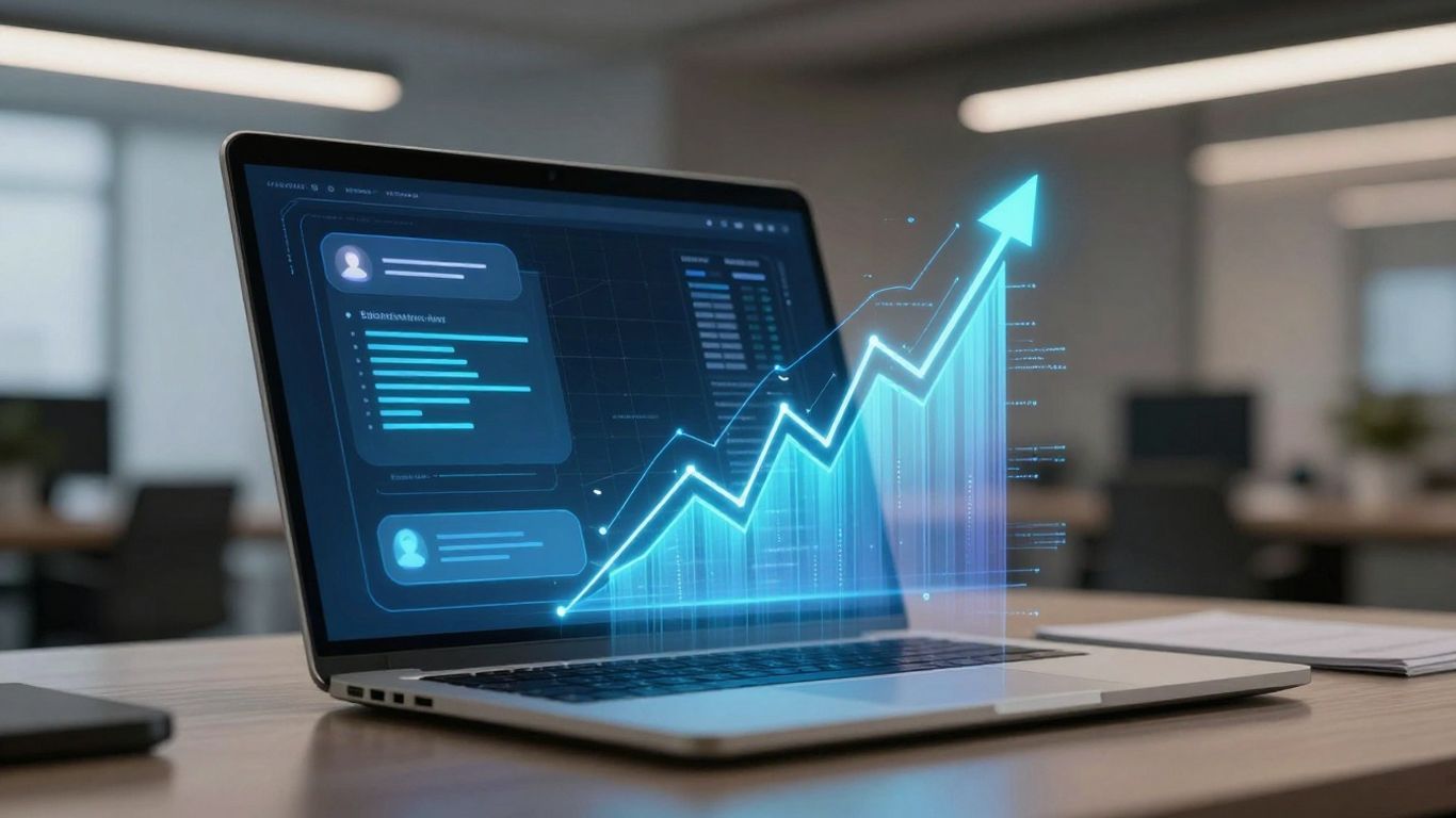 AI chatbot interface on laptop screen with data streams.