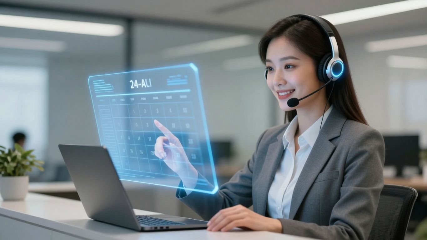 AI receptionist avatar managing a holographic calendar interface.
