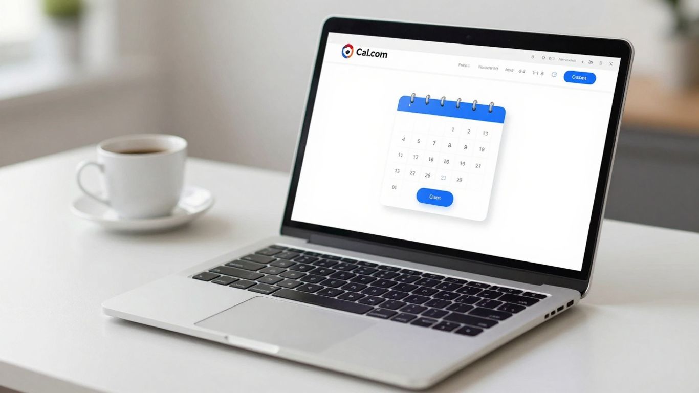 Cal.com scheduling interface on a laptop screen.