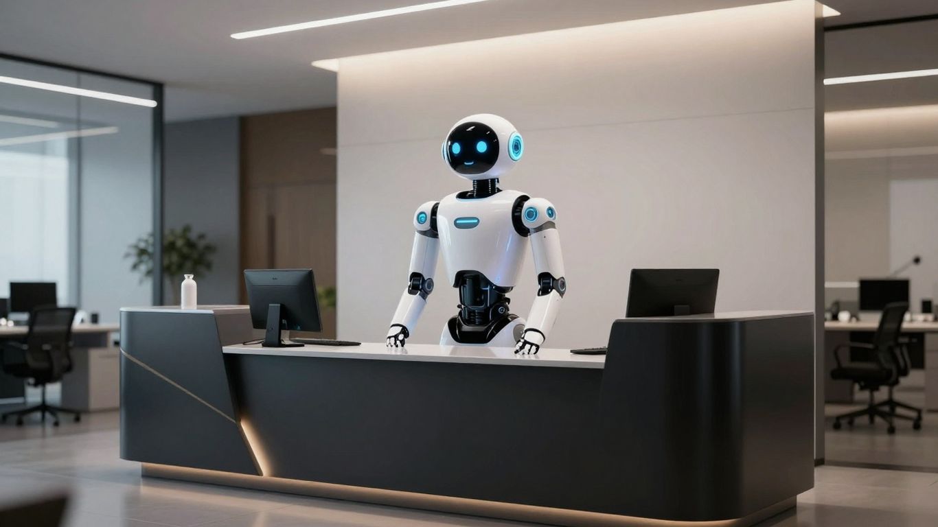 AI receptionist robot in a modern office setting.