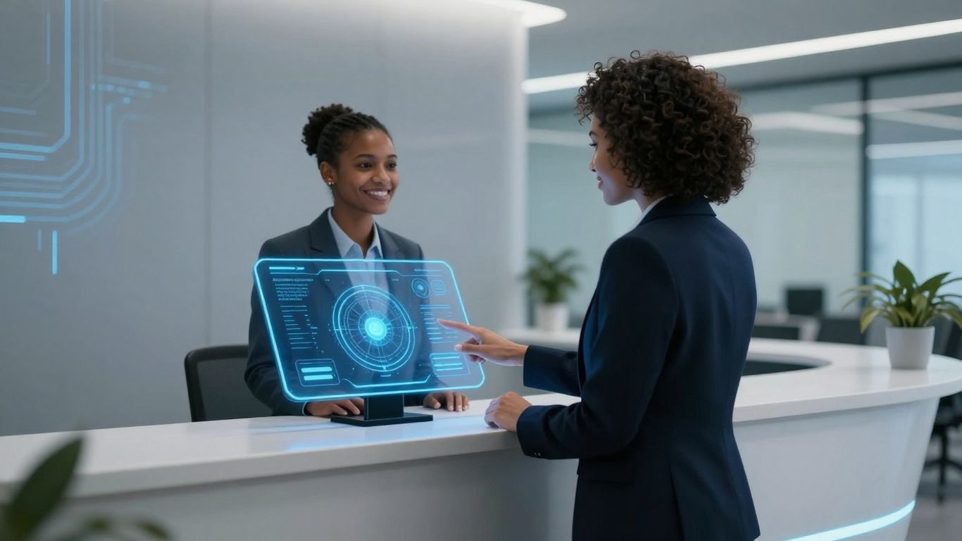 AI receptionist interface in a modern office setting.