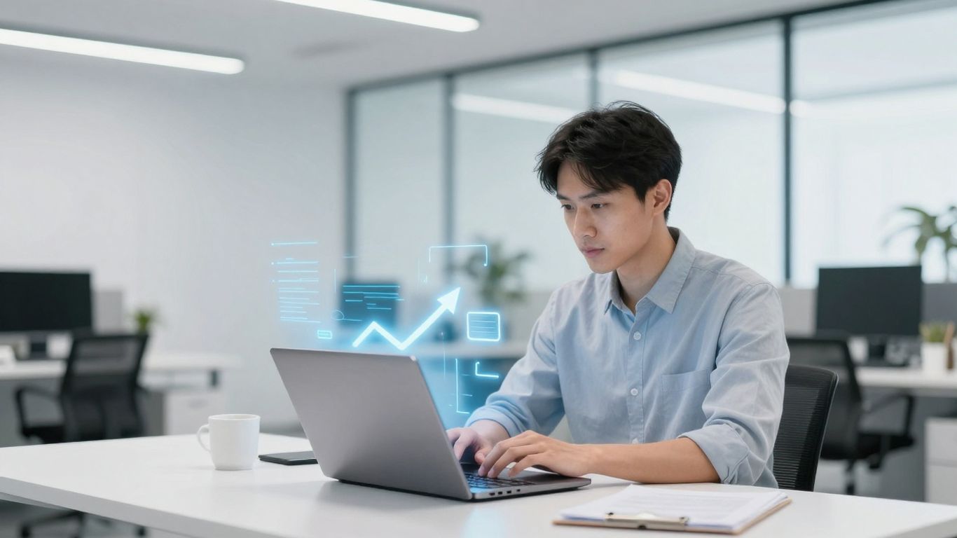 Small business owner using AI automation tools on a laptop.