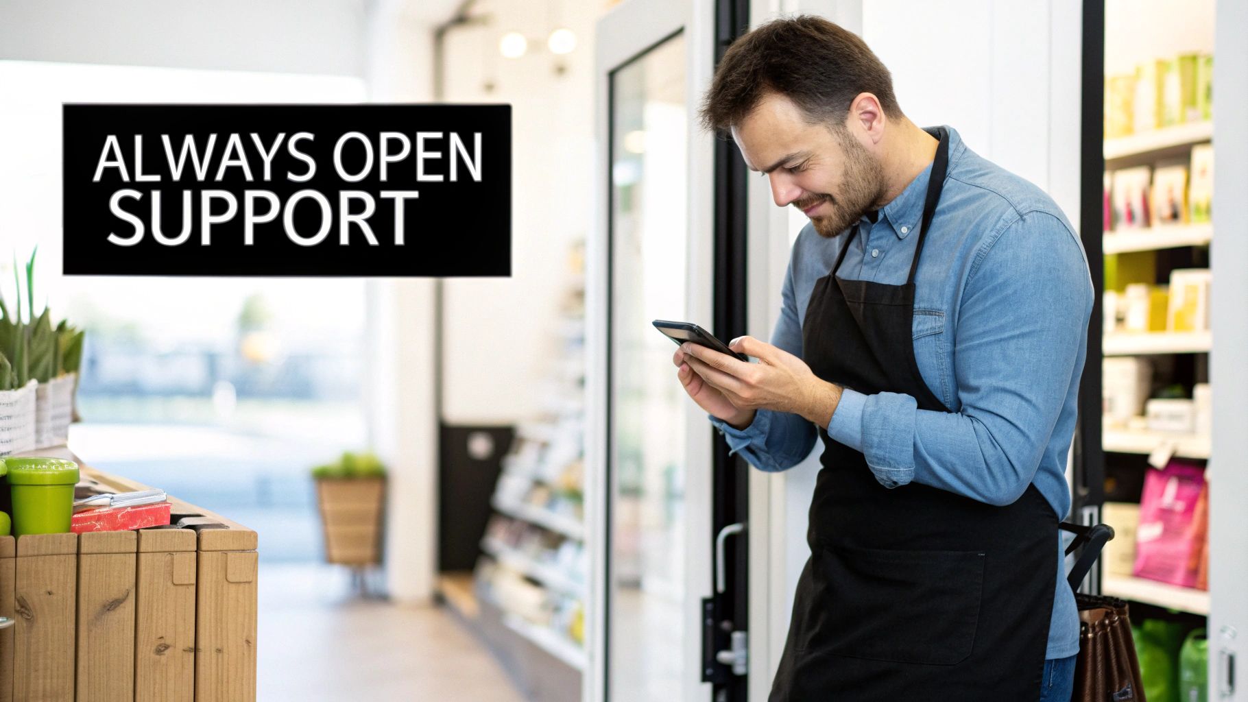 A smiling man in an apron checks his phone, with an 'Always Open Support' sign nearby.