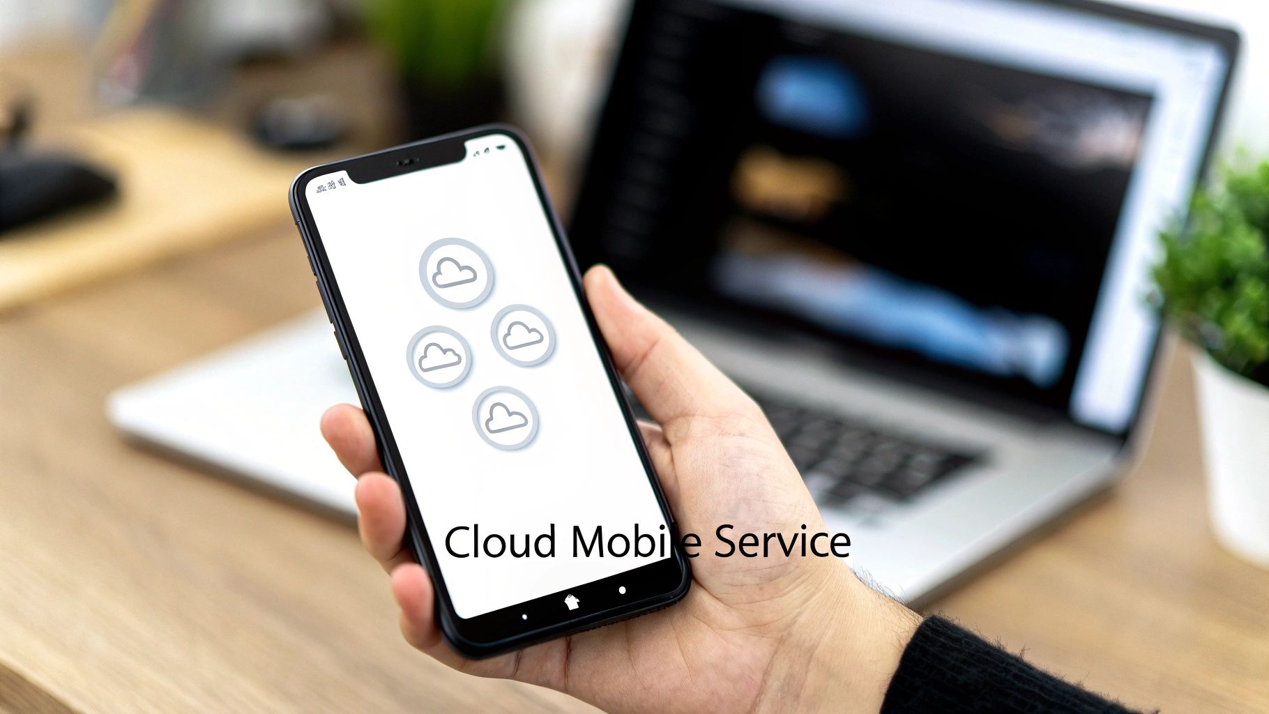 A hand holds a smartphone displaying cloud icons and 'Cloud Mobile Service' text, with a laptop in the background.