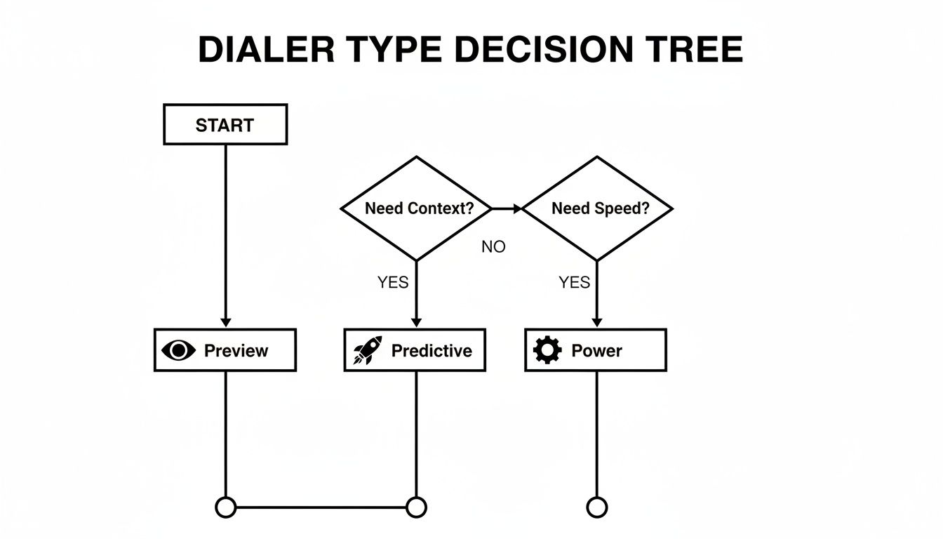 A decision tree flowchart guiding the choice between Preview, Predictive, and Power dialer types.