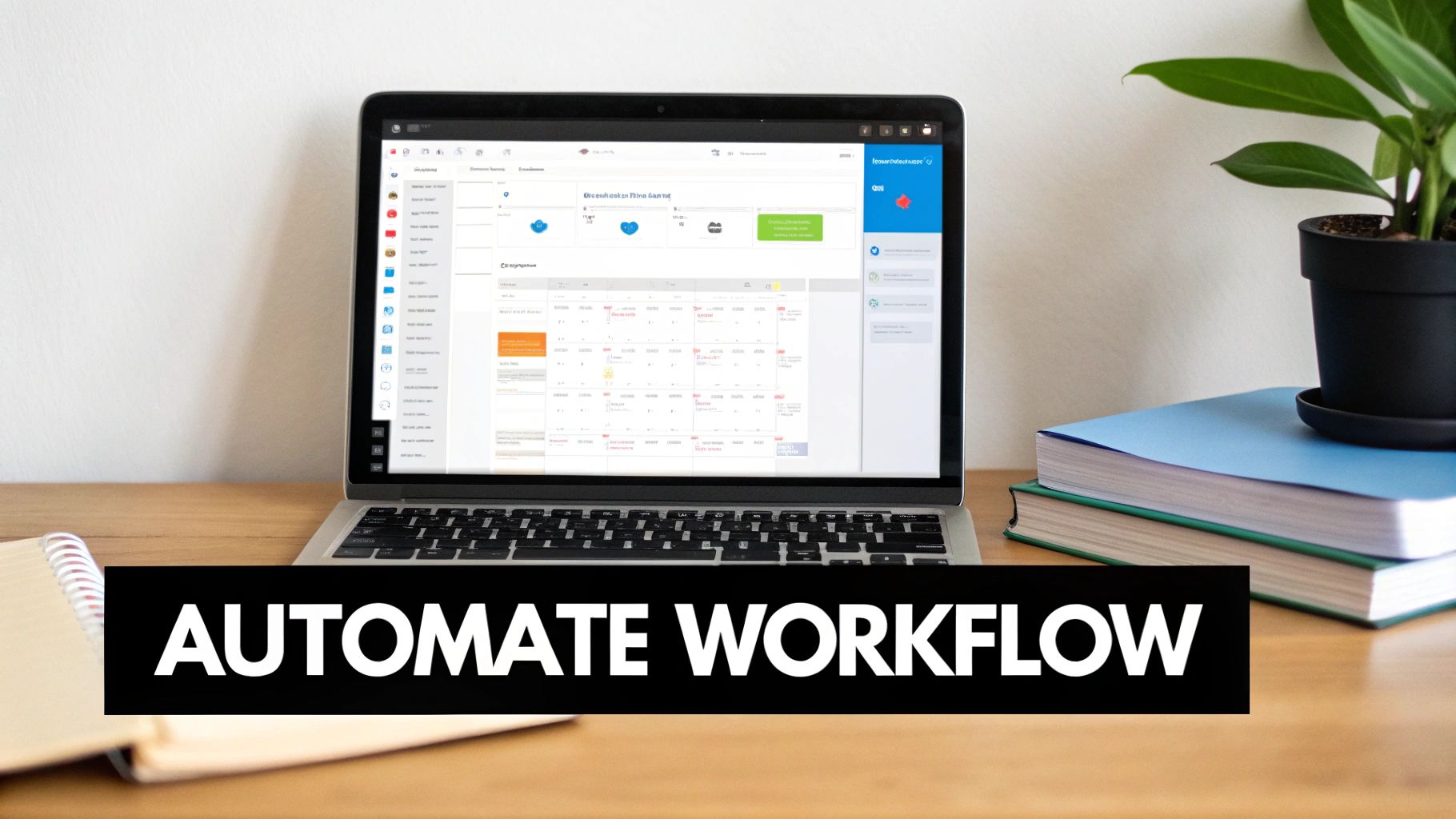 A laptop displaying workflow automation software on a desk with books and a plant, with 'AUTOMATE WORKFLOW' text.