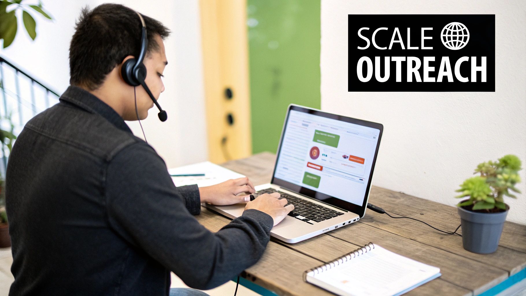 Person wearing a headset and black shirt typing on a laptop at a wooden desk with a plant.