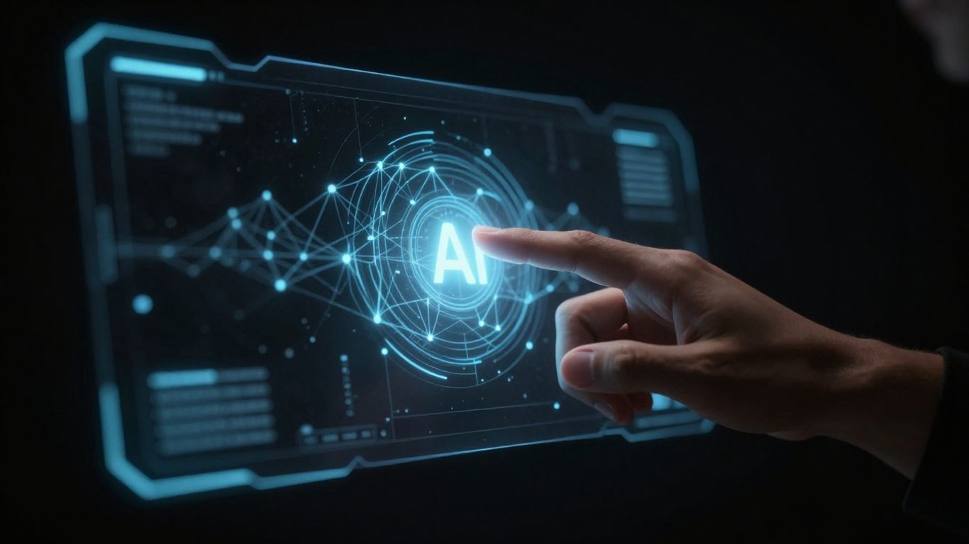 AI interface interacting with a human hand.