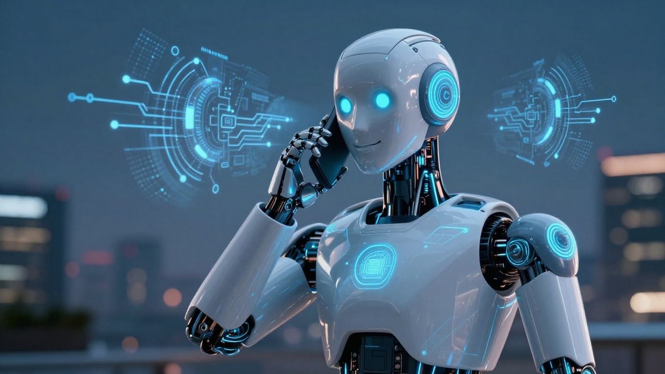 Robot making a phone call with digital patterns.