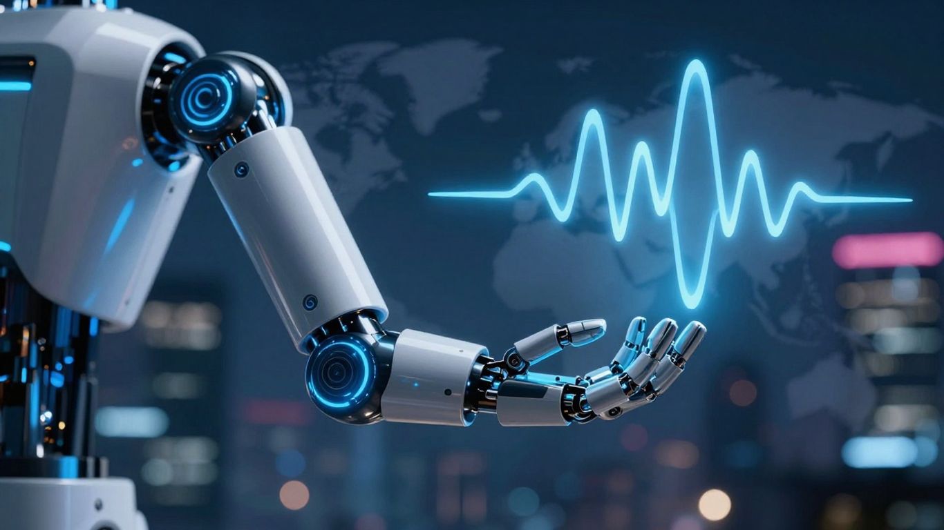 Robot making a phone call with futuristic background.