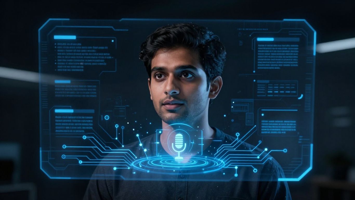 AI assistant interface with holographic avatar and microphone icon.