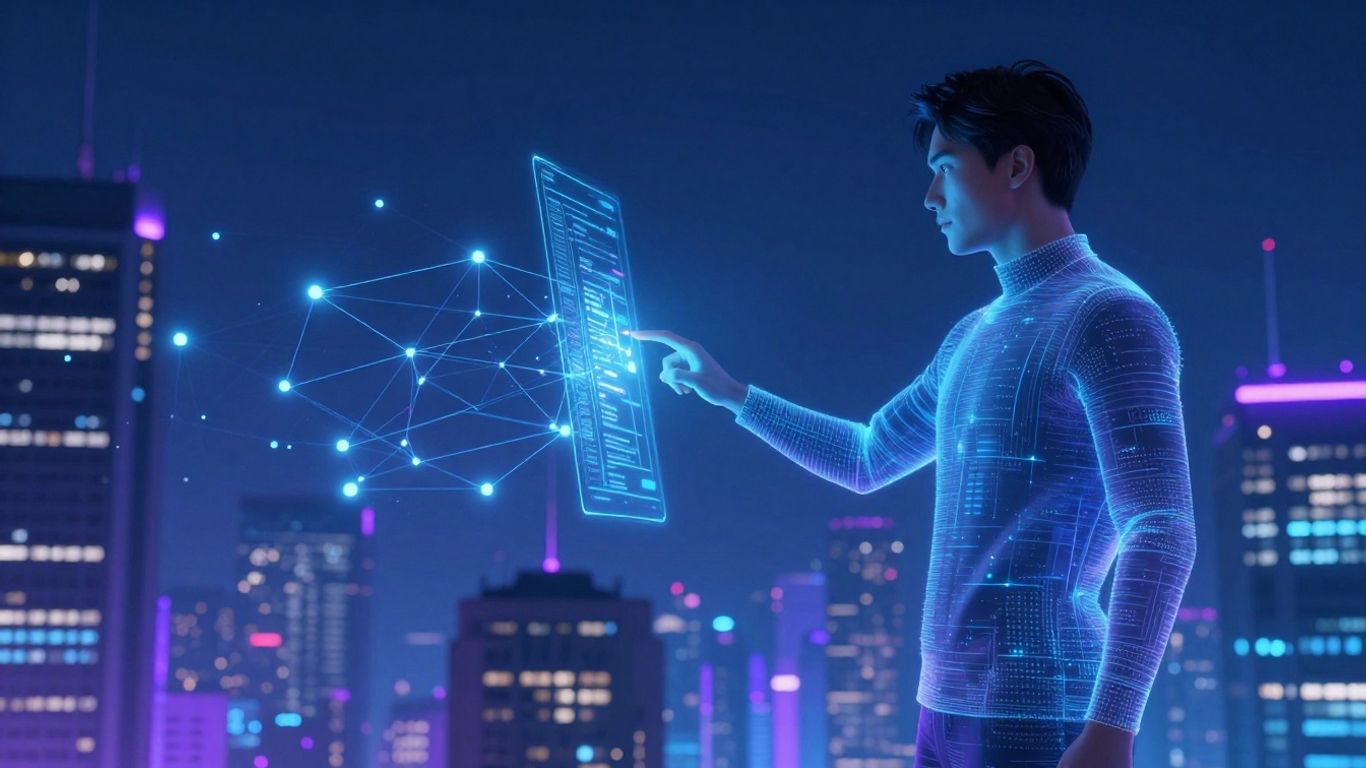 AI cold calling futuristic cityscape with digital connections.