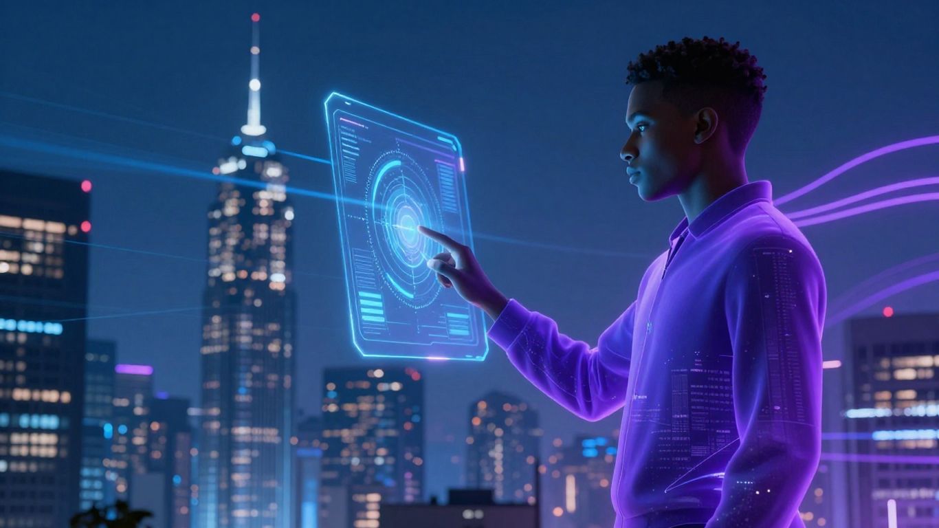 Futuristic cityscape with AI communication streams.