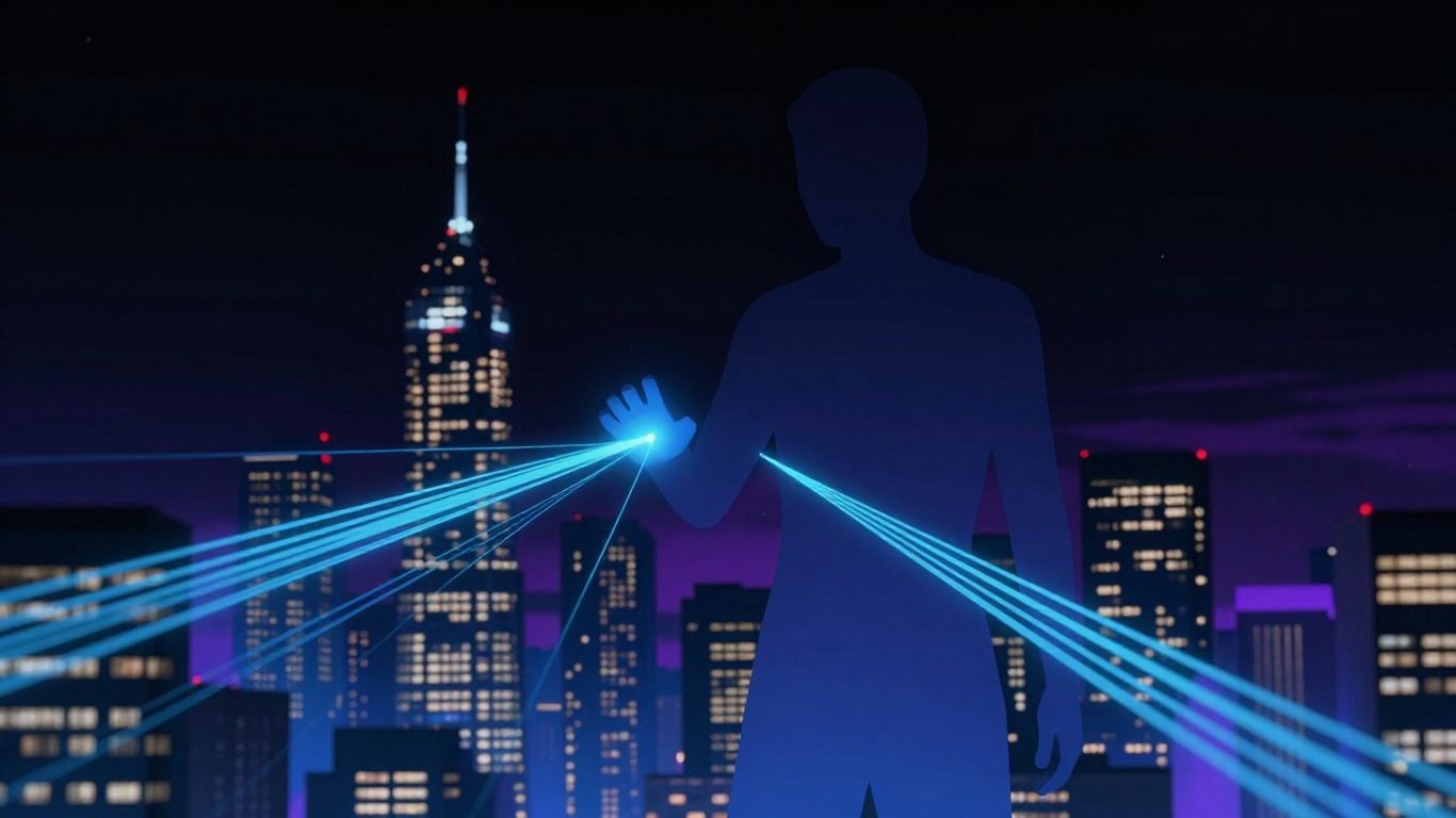 AI calling technology connecting a futuristic cityscape.