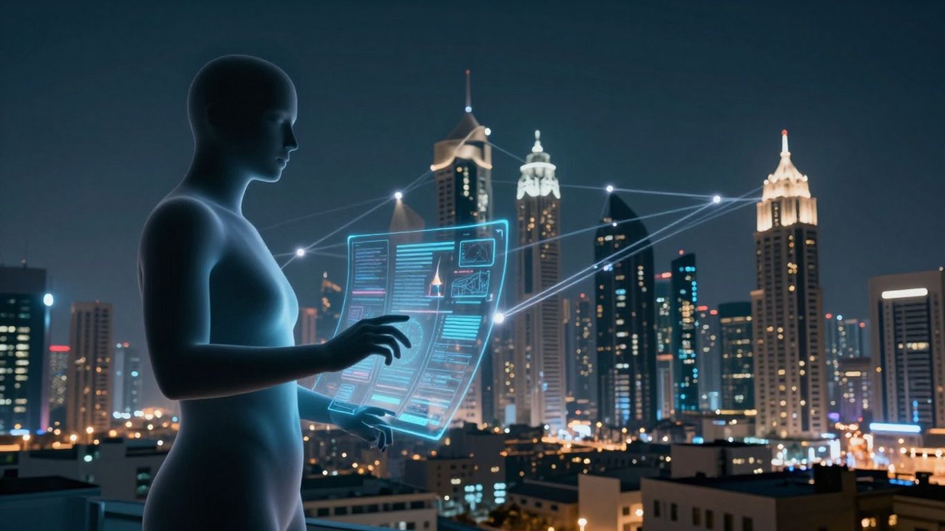 AI calling technology connecting people in a futuristic city.